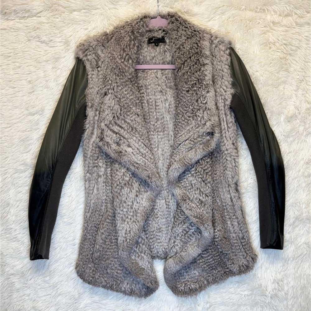 June Genuine Rabbit Fur Leather Moto Jacket Gray Ombre Sleeve Women's Small